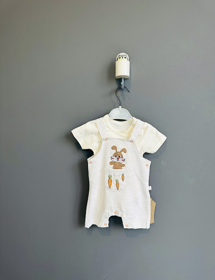 9-12-18-24 Ay Havuç Tavşan İşlemeli Unisex Salopet Bebek Tulumu